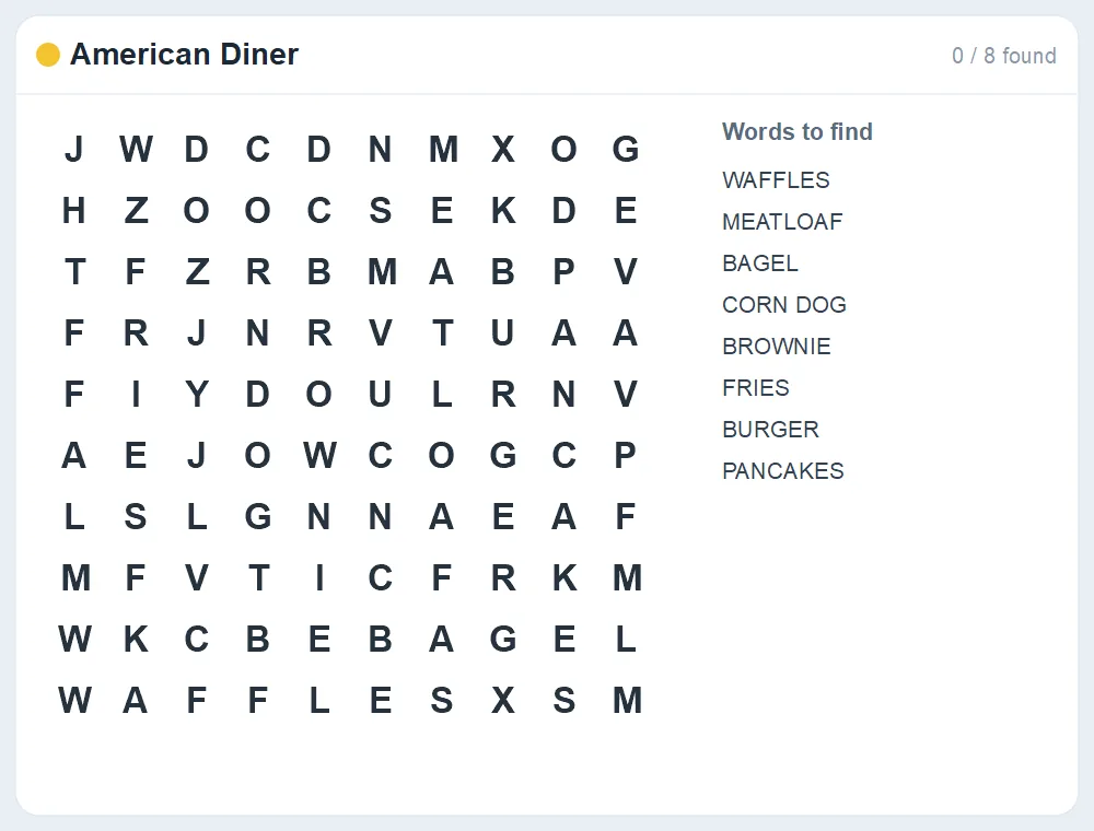 Preview of the American Diner word search puzzle