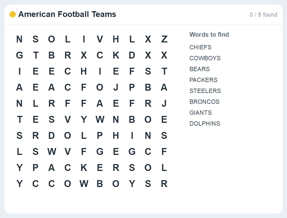 Preview of the American Football Teams word search puzzle