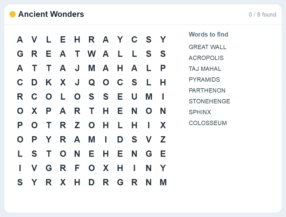 Preview of the Ancient Wonders word search puzzle