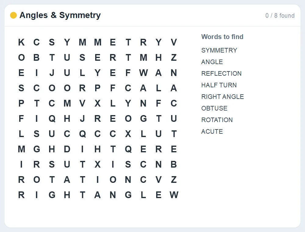 Preview of the Angles & Symmetry word search puzzle