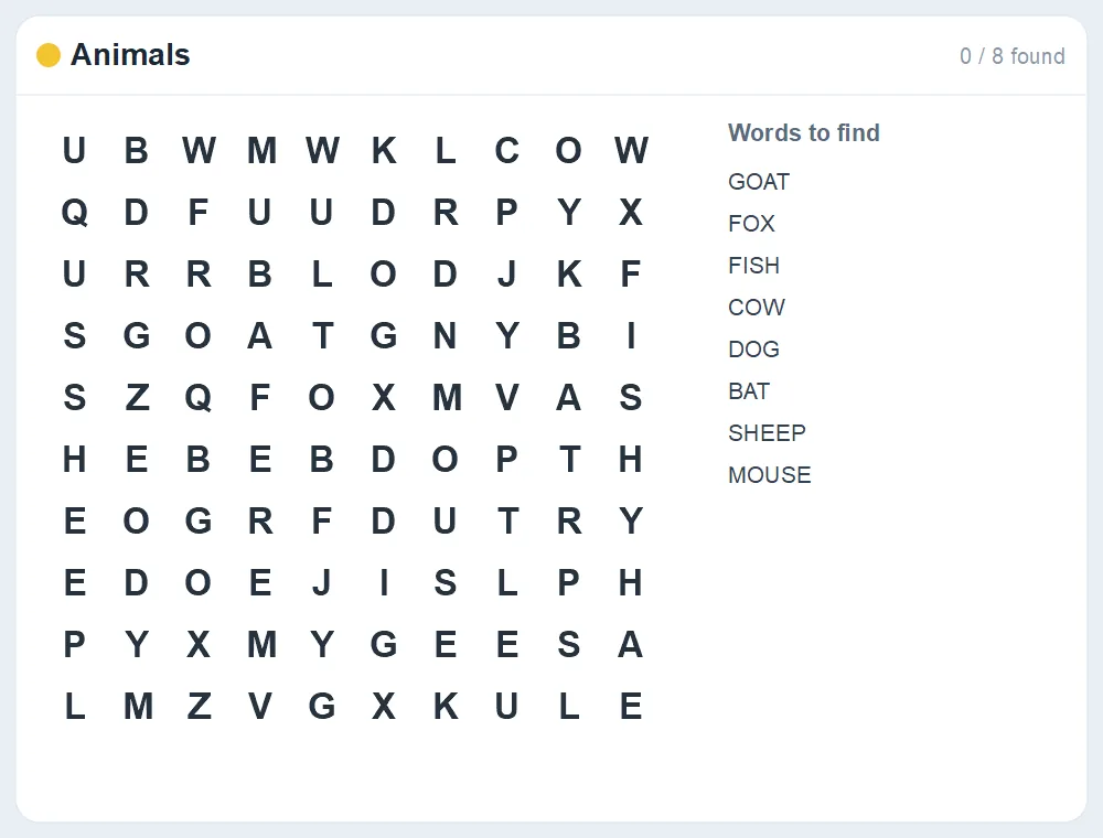 Preview of the Animals word search puzzle
