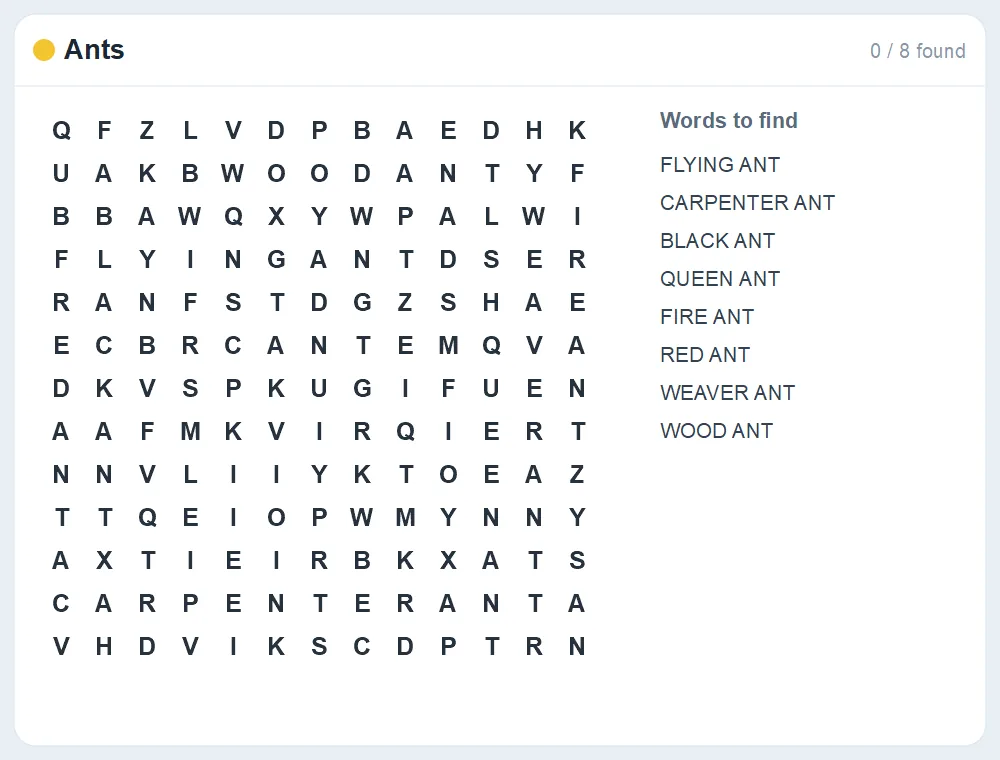 Preview of the Ants word search puzzle