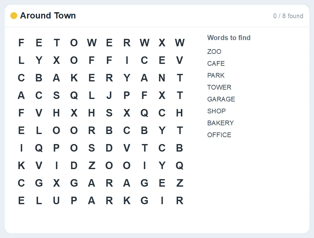 Preview of the Around Town word search puzzle