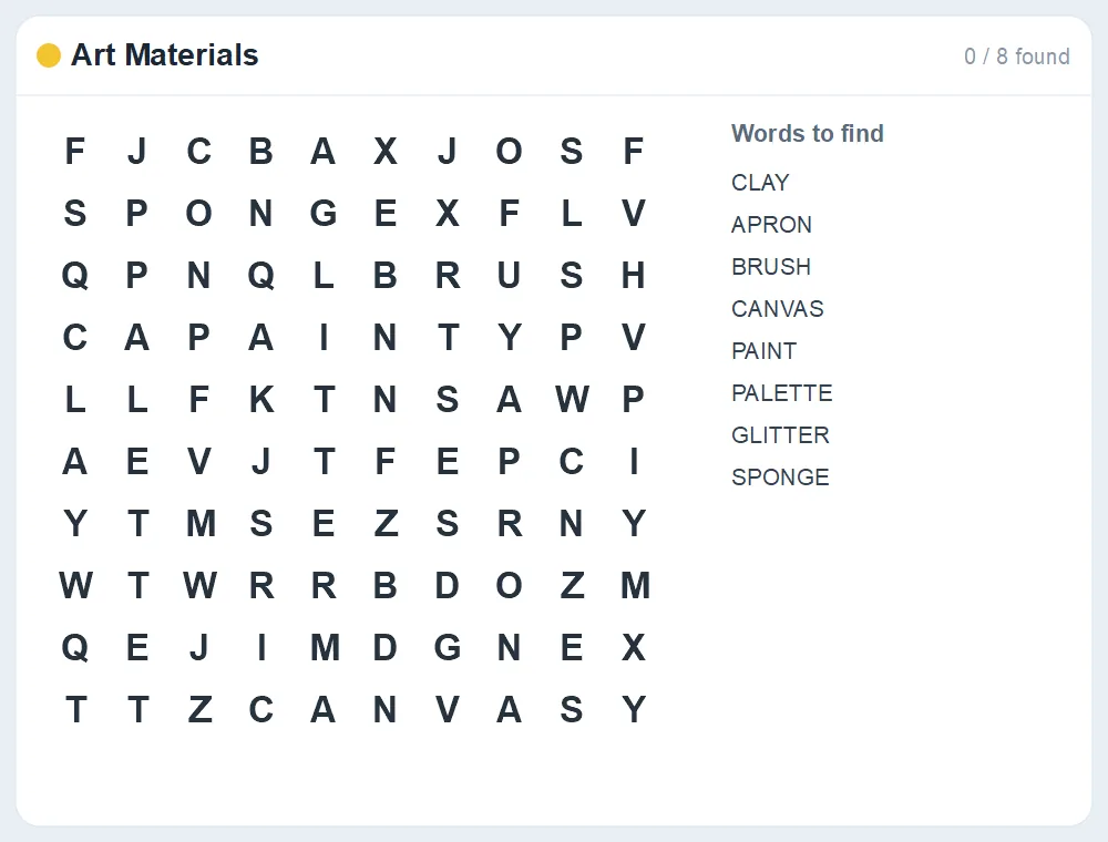 Preview of the Art Materials word search puzzle