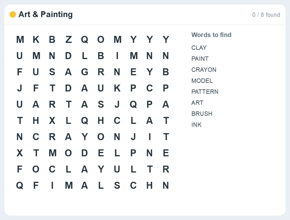Preview of the Art & Painting word search puzzle