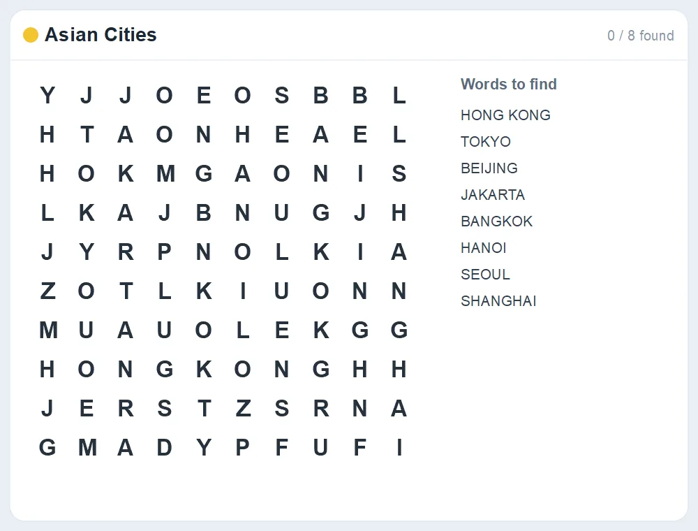 Preview of the Asian Cities word search puzzle
