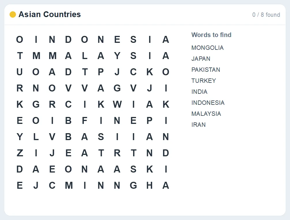 Preview of the Asian Countries word search puzzle