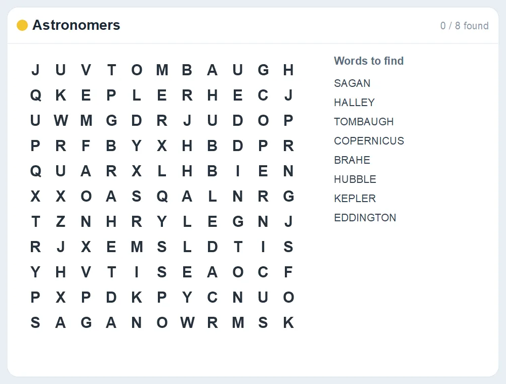Preview of the Astronomers word search puzzle