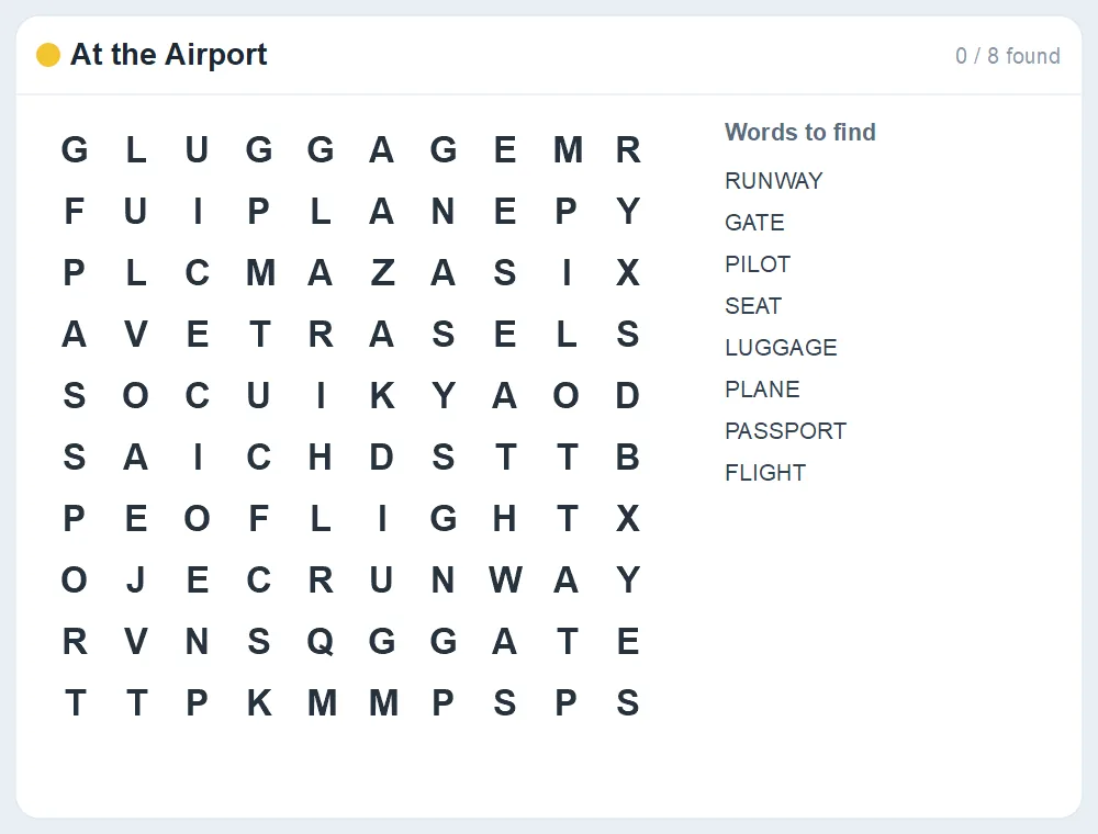 Preview of the At the Airport word search puzzle