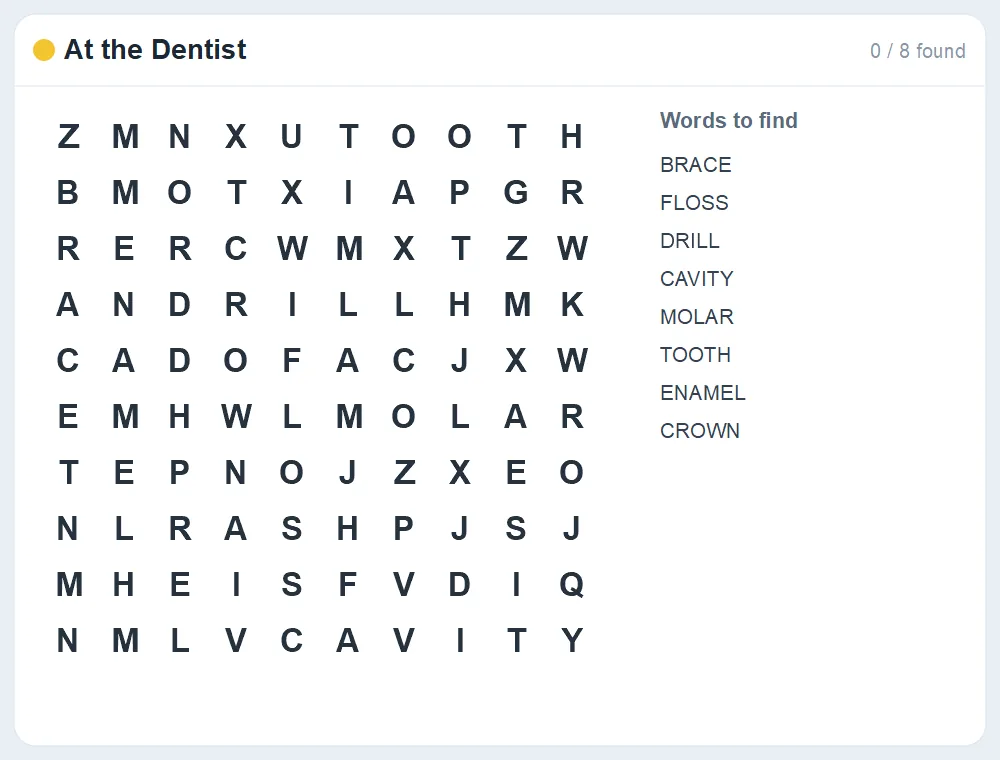 Preview of the At the Dentist word search puzzle