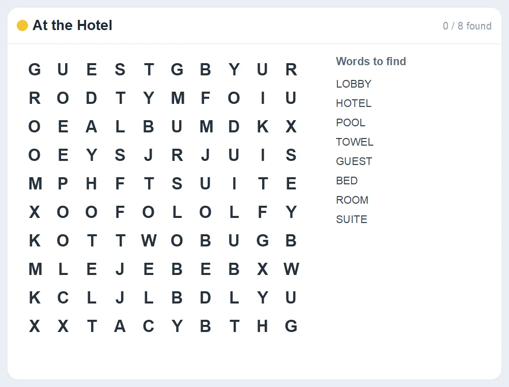 Preview of the At the Hotel word search puzzle