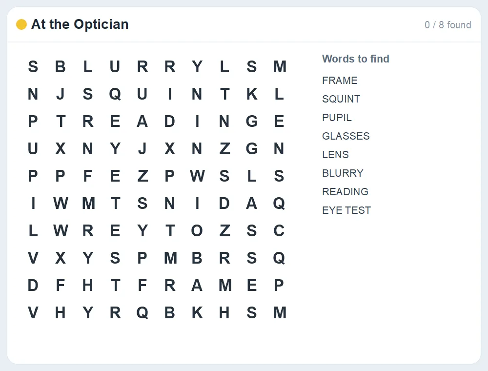 Preview of the At the Optician word search puzzle