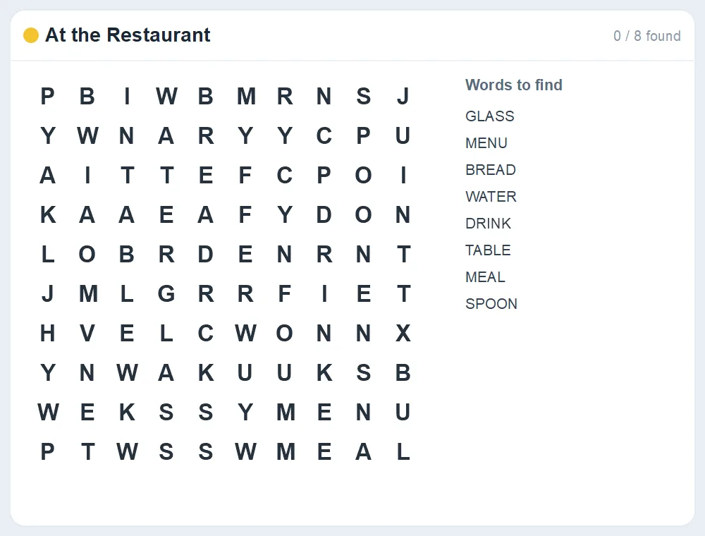 Preview of the At the Restaurant word search puzzle