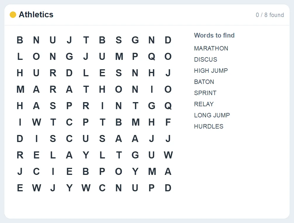 Preview of the Athletics word search puzzle