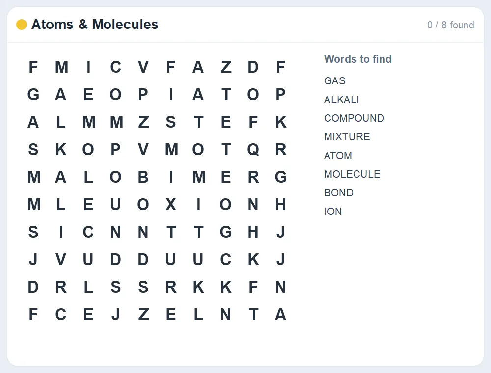 Preview of the Atoms & Molecules word search puzzle