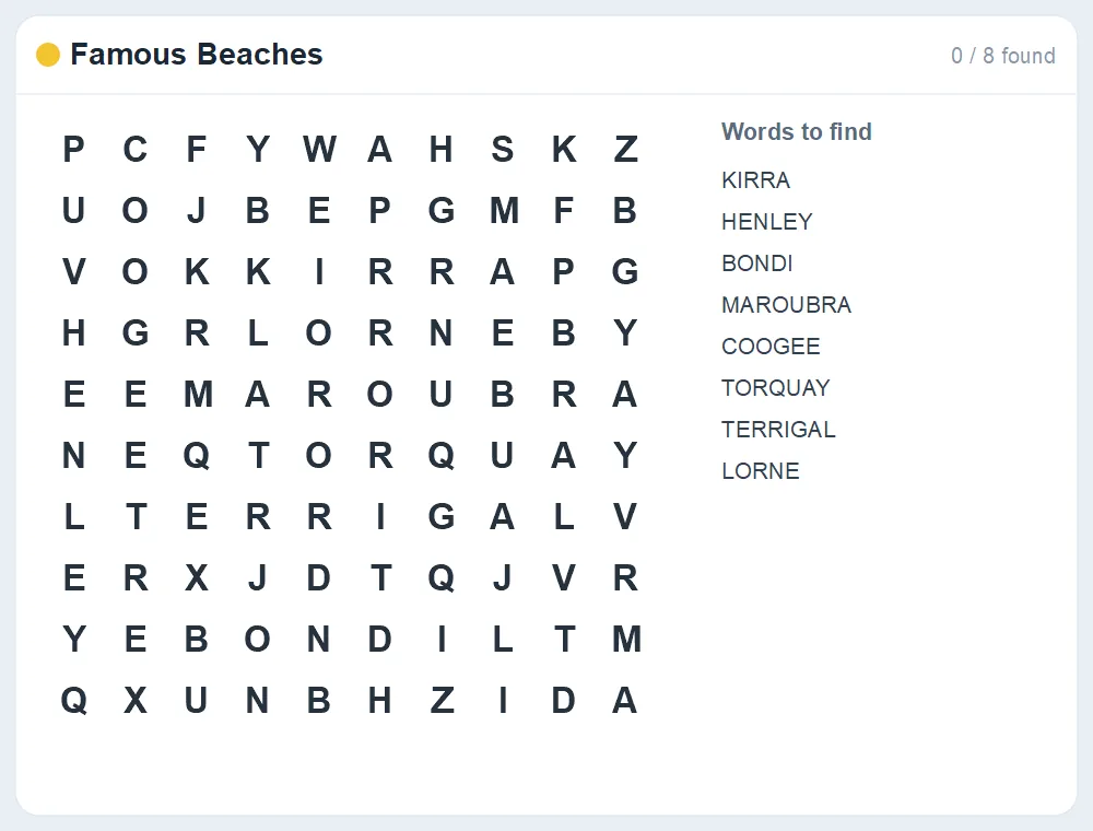 Preview of the Famous Beaches word search puzzle