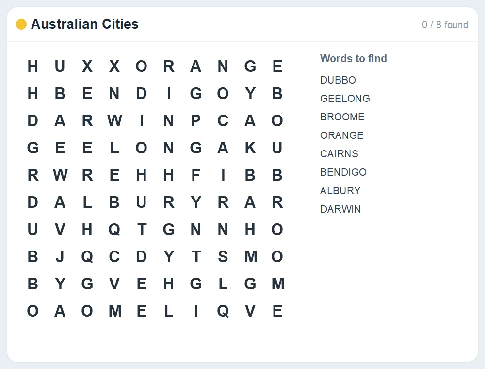 Preview of the Australian Cities word search puzzle