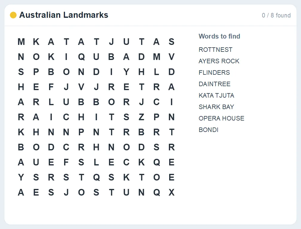 Preview of the Australian Landmarks word search puzzle