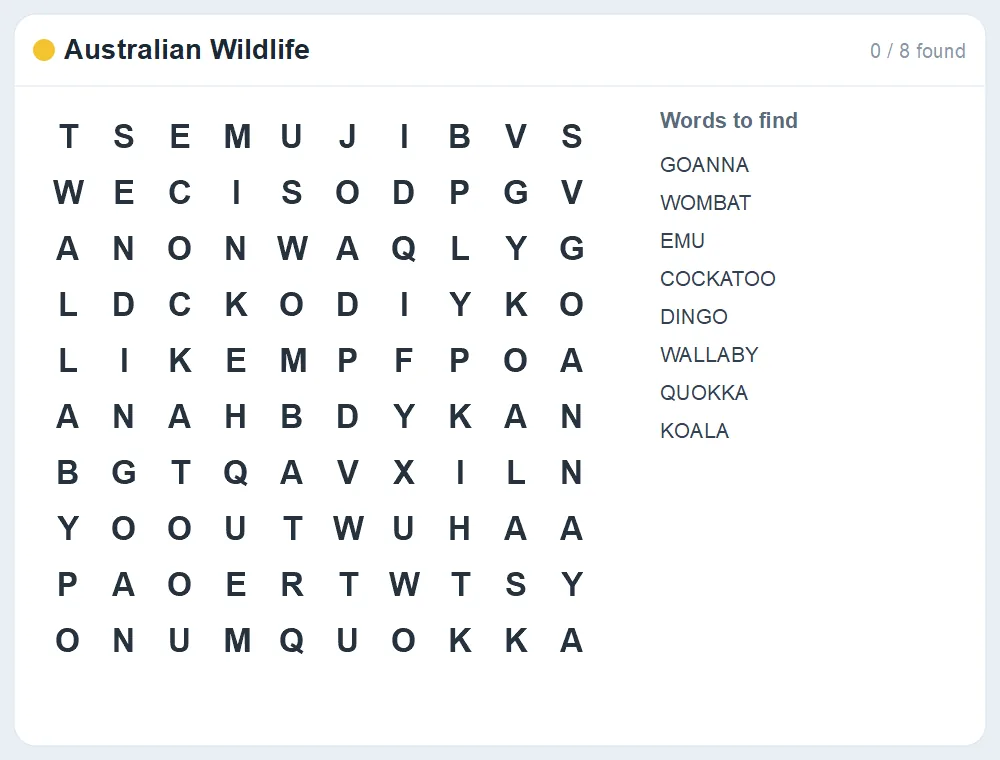 Preview of the Australian Wildlife word search puzzle