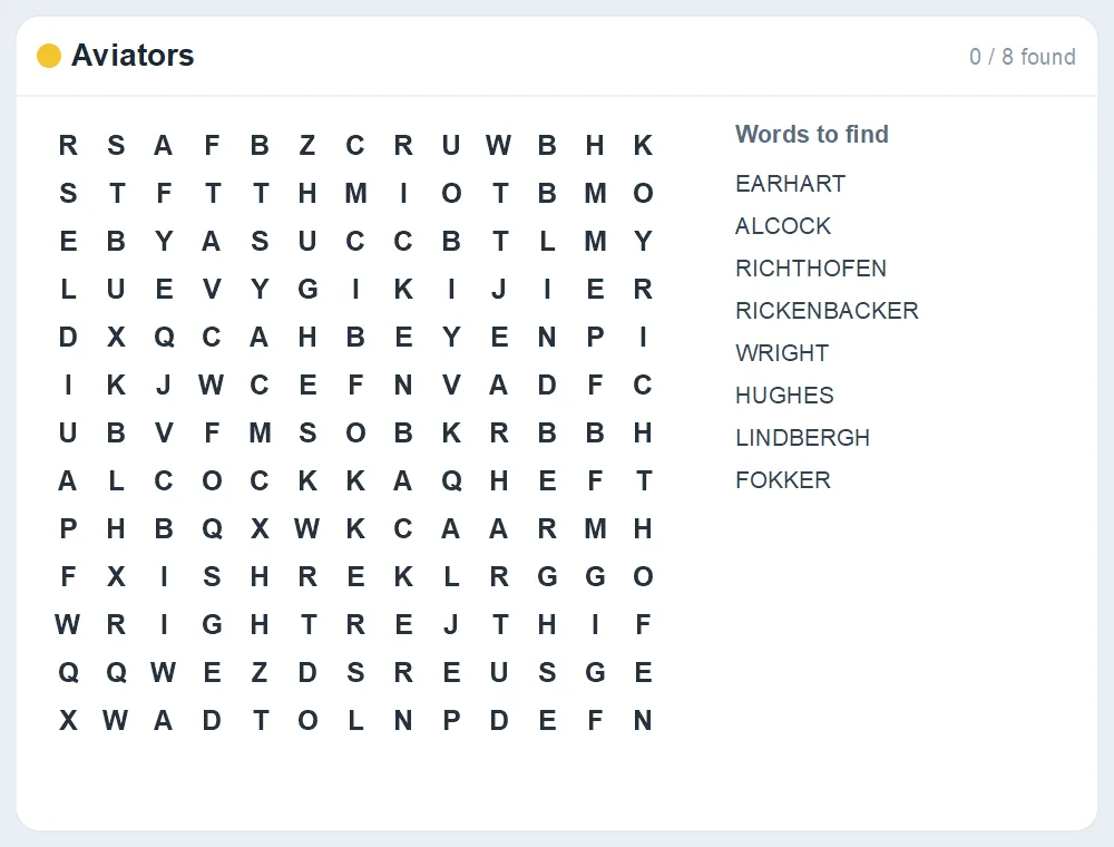 Preview of the Aviators word search puzzle