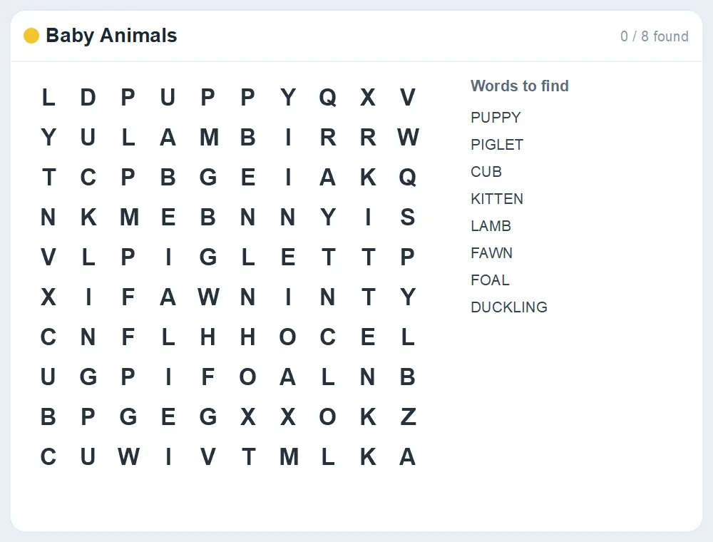 Preview of the Baby Animals word search puzzle