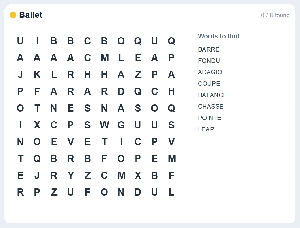 Preview of the Ballet word search puzzle