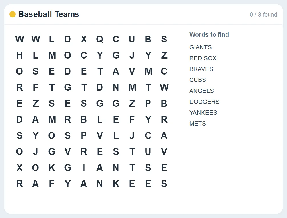 Preview of the Baseball Teams word search puzzle