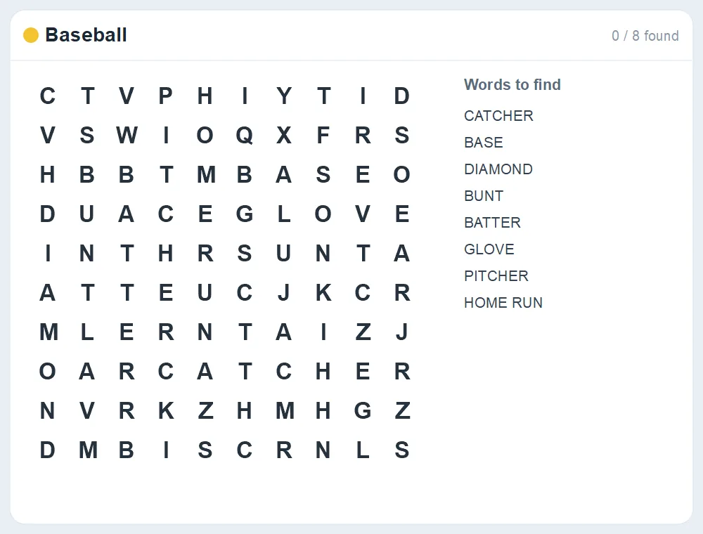 Preview of the Baseball word search puzzle