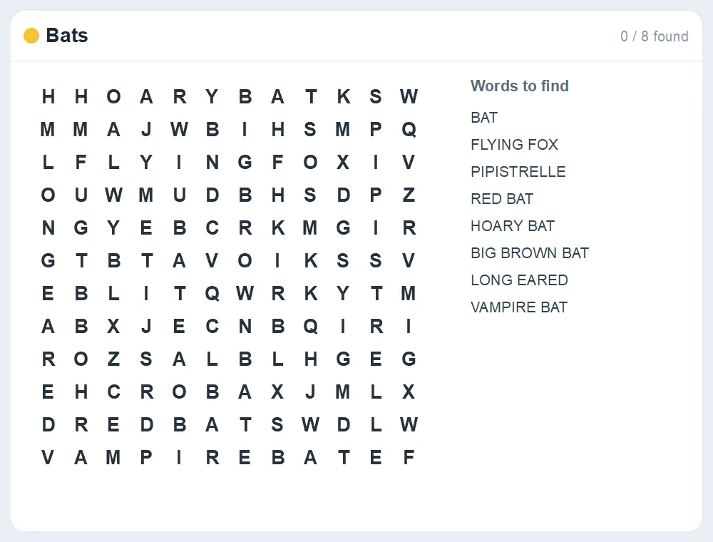 Preview of the Bats word search puzzle