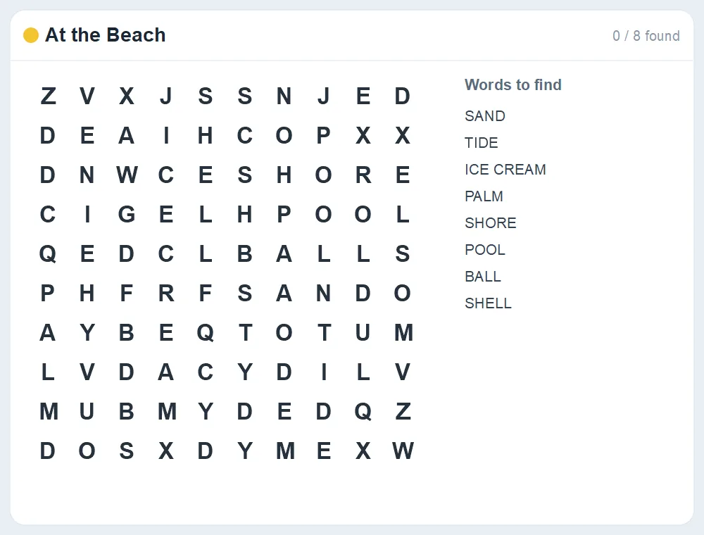 Preview of the At the Beach word search puzzle