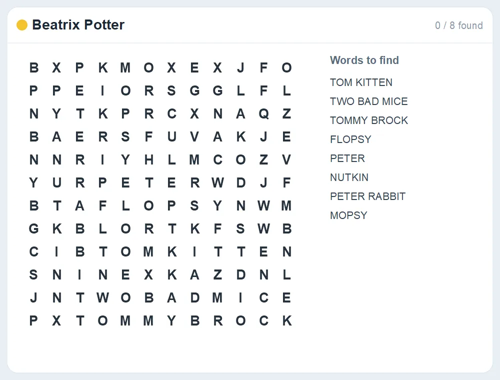 Preview of the Beatrix Potter word search puzzle