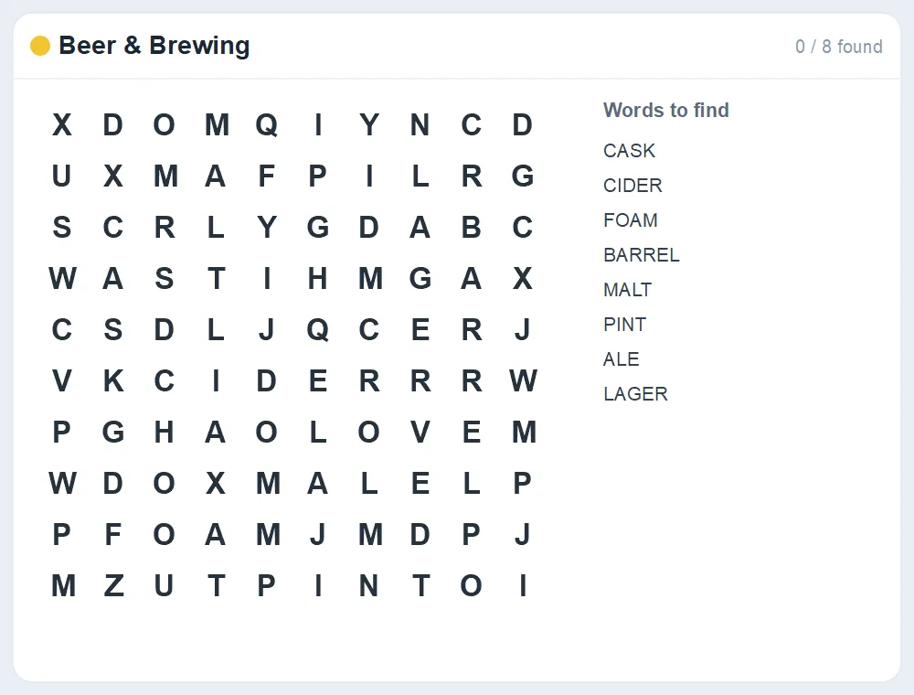 Preview of the Beer & Brewing word search puzzle