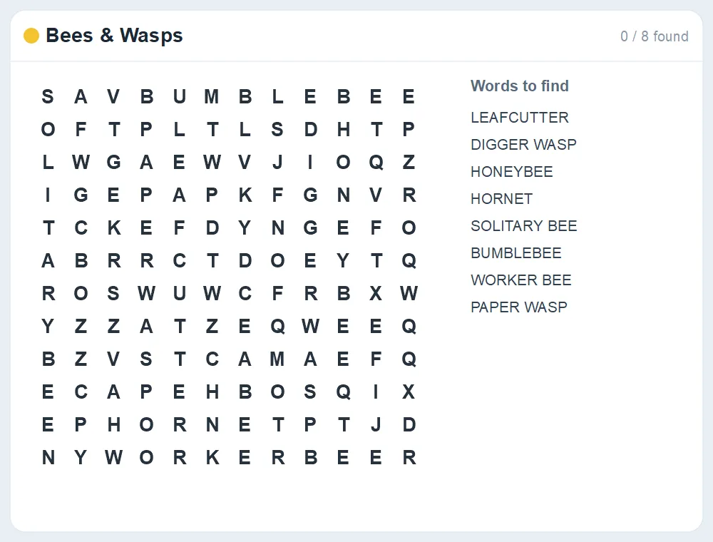 Preview of the Bees & Wasps word search puzzle