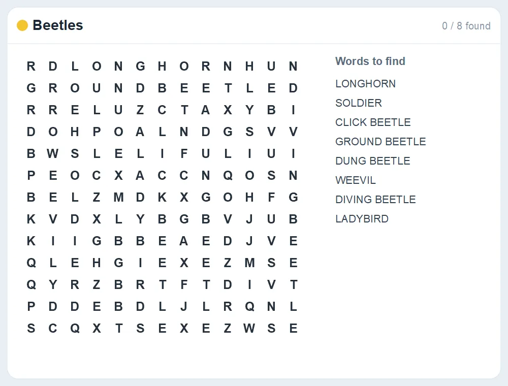 Preview of the Beetles word search puzzle