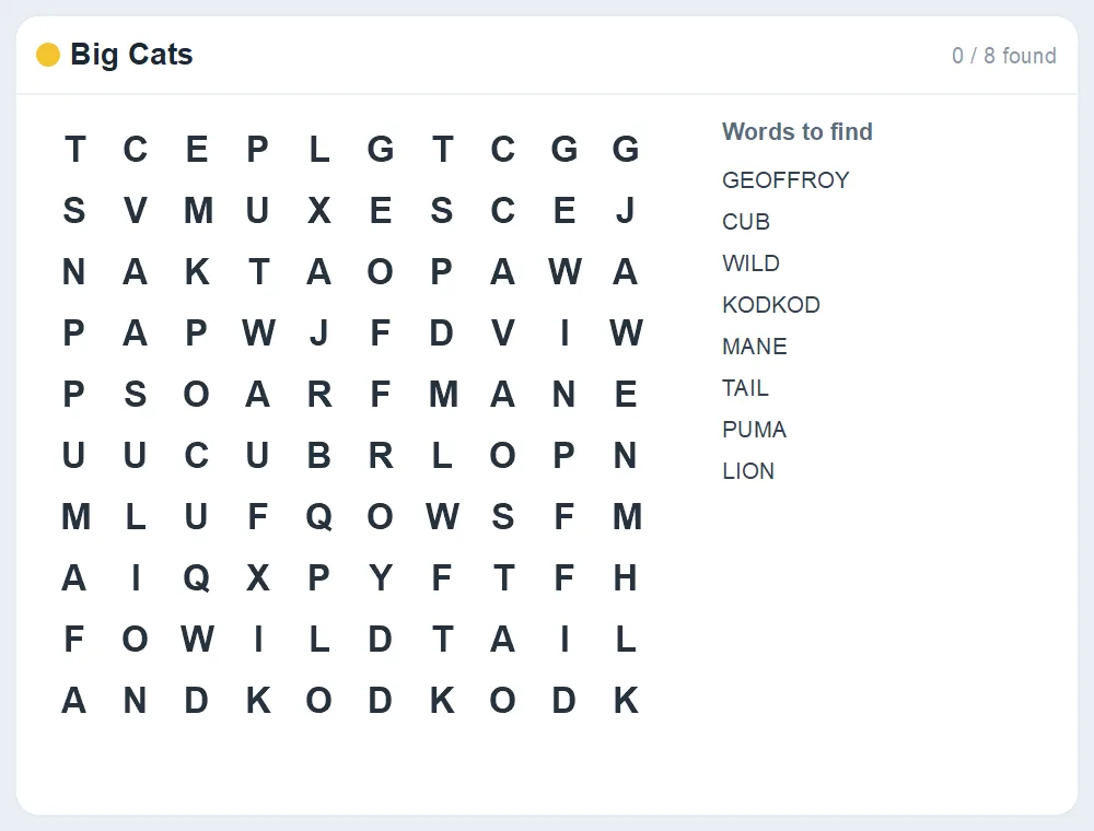 Preview of the Big Cats word search puzzle
