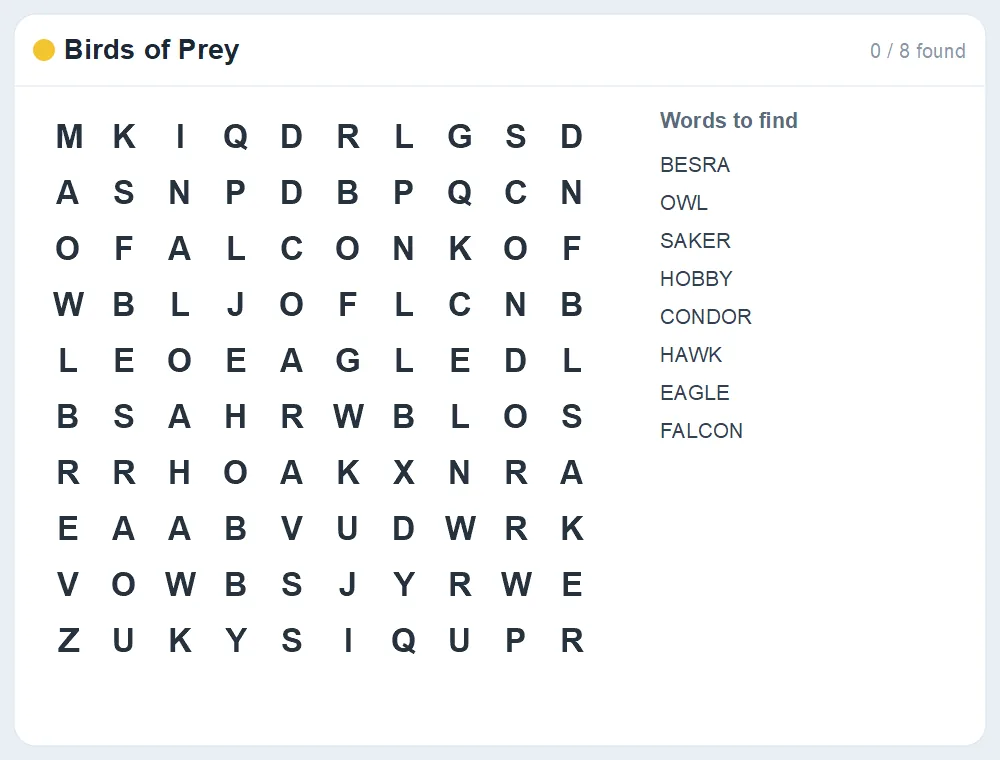 Preview of the Birds of Prey word search puzzle