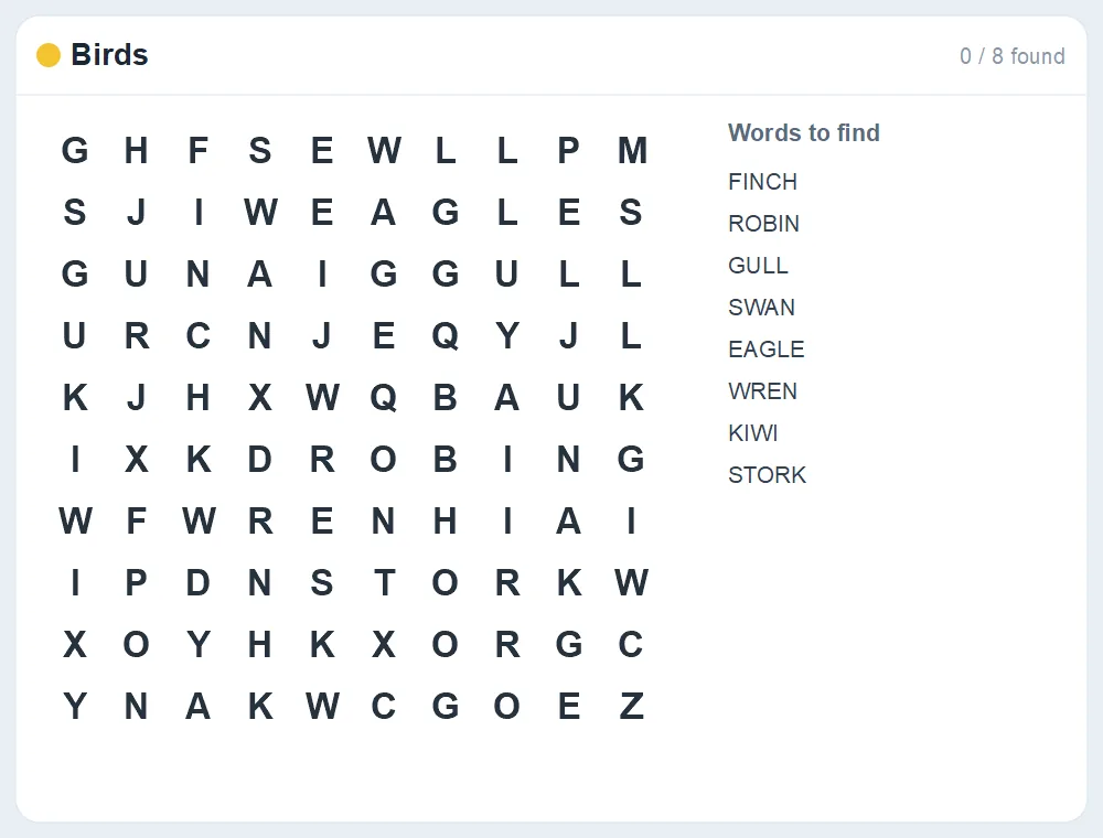 Preview of the Birds word search puzzle