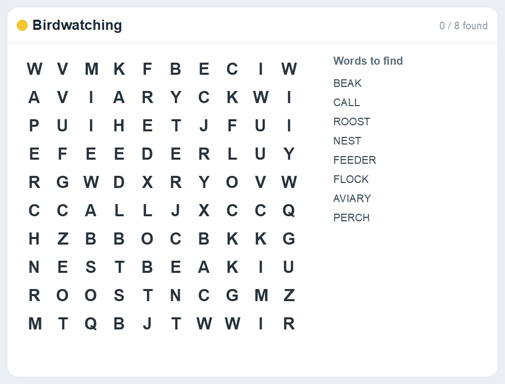 Preview of the Birdwatching word search puzzle