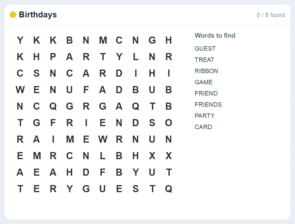 Preview of the Birthdays word search puzzle