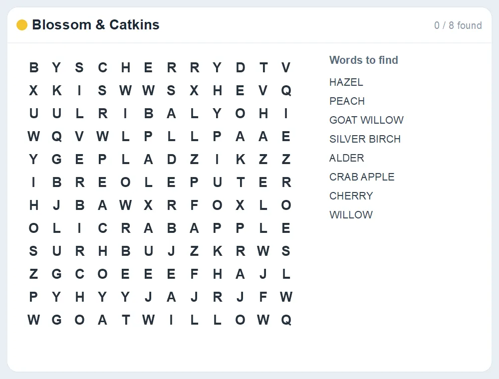 Preview of the Blossom & Catkins word search puzzle