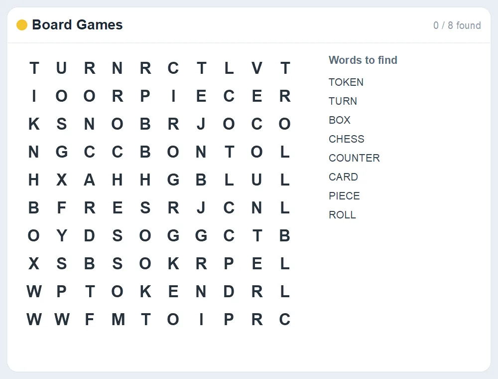 Preview of the Board Games word search puzzle