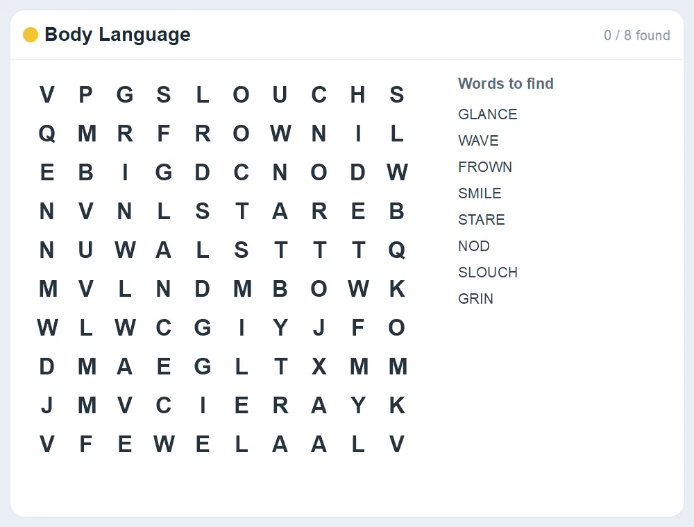 Preview of the Body Language word search puzzle