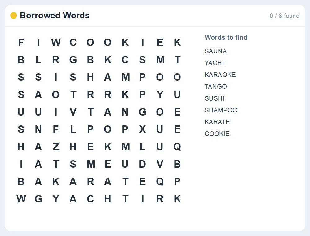 Preview of the Borrowed Words word search puzzle