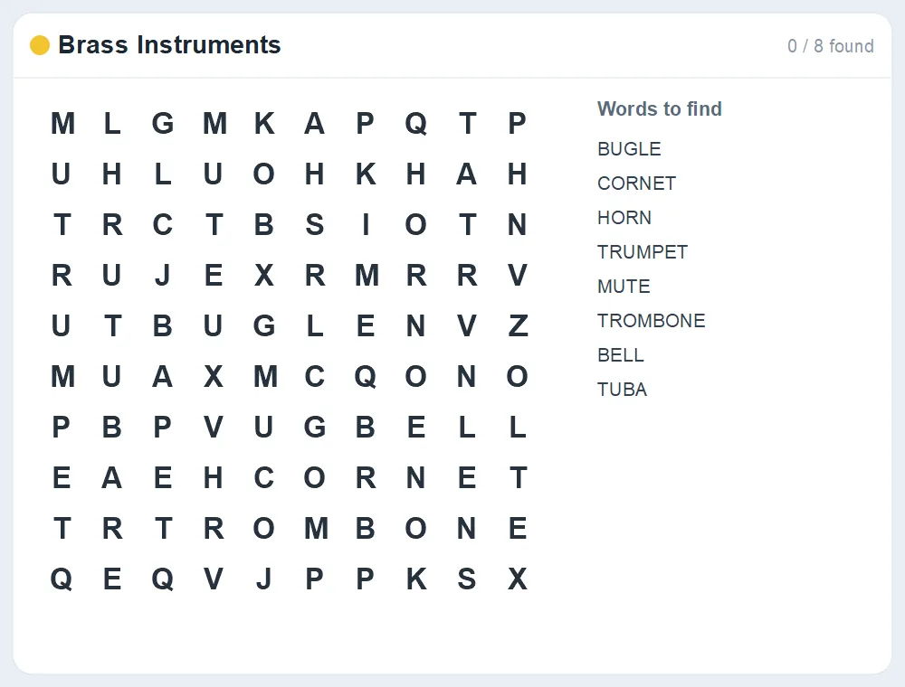 Preview of the Brass Instruments word search puzzle