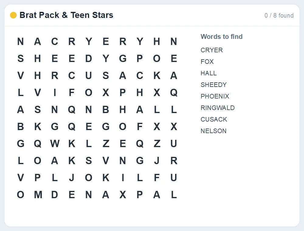 Preview of the Brat Pack & Teen Stars word search puzzle