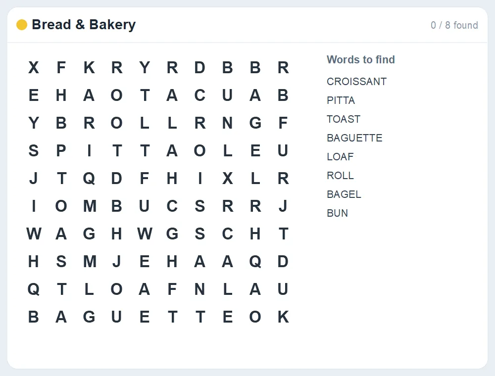 Preview of the Bread & Bakery word search puzzle
