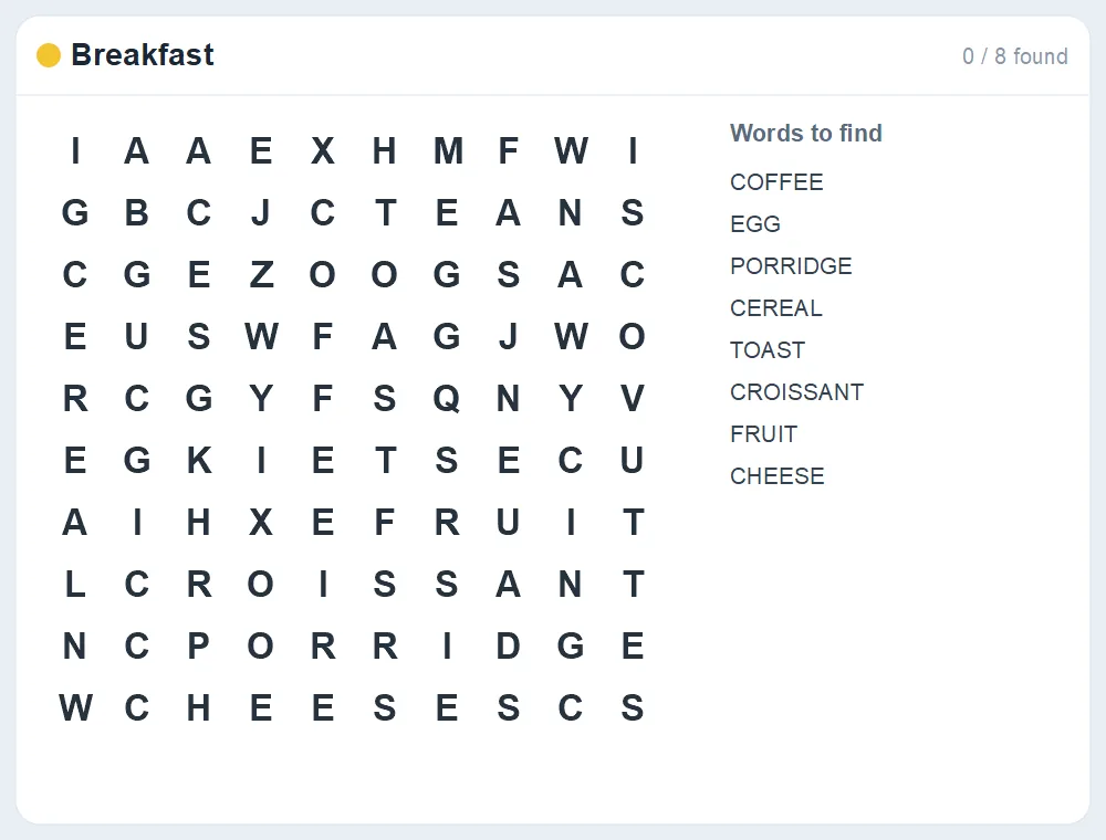 Preview of the Breakfast word search puzzle