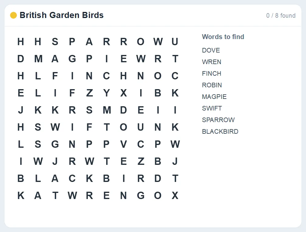 Preview of the British Garden Birds word search puzzle