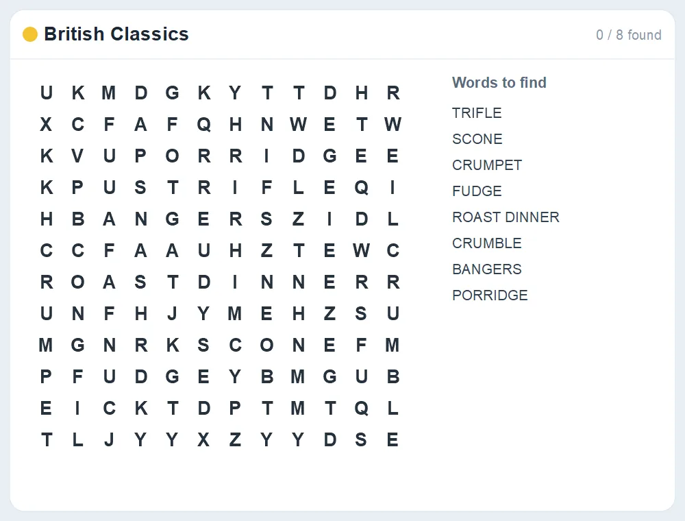 Preview of the British Classics word search puzzle