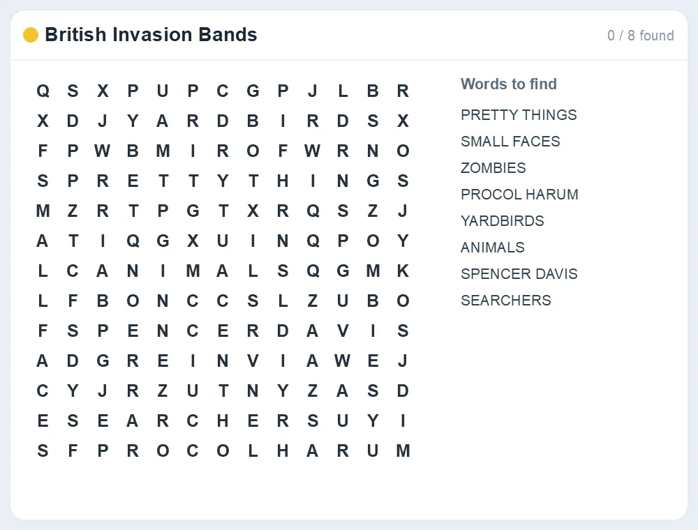 Preview of the British Invasion Bands word search puzzle